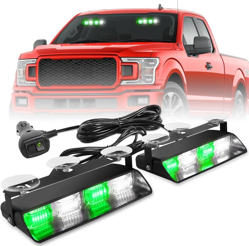 HLauto 2002L Emergency Dash Strobe Lights: Green White Safety Lights, Flashing Warning Hazard Windshield Visor Traffic Light Bars for Trucks, Construction Vehicles (2x8.5 inch, 48LED) - Image 1